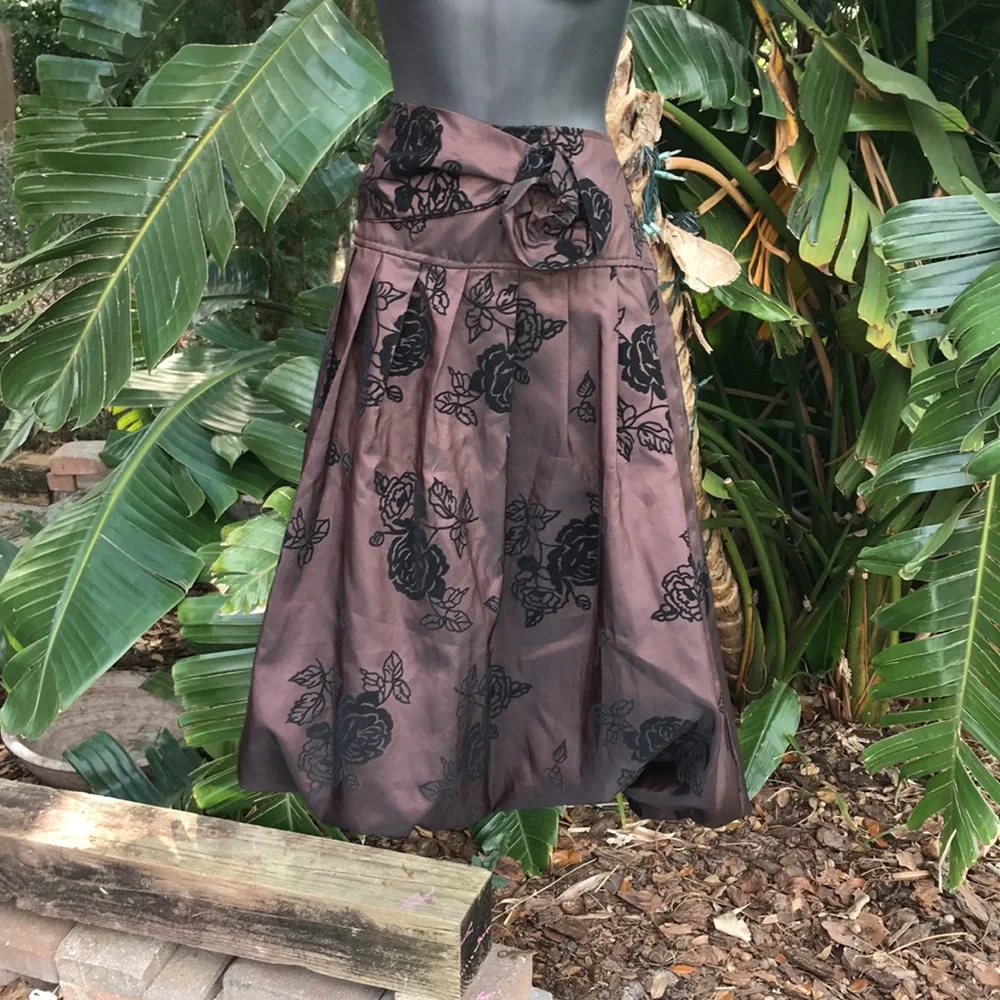 Metallic bronze dark floral bubble skirt with velvet rosette